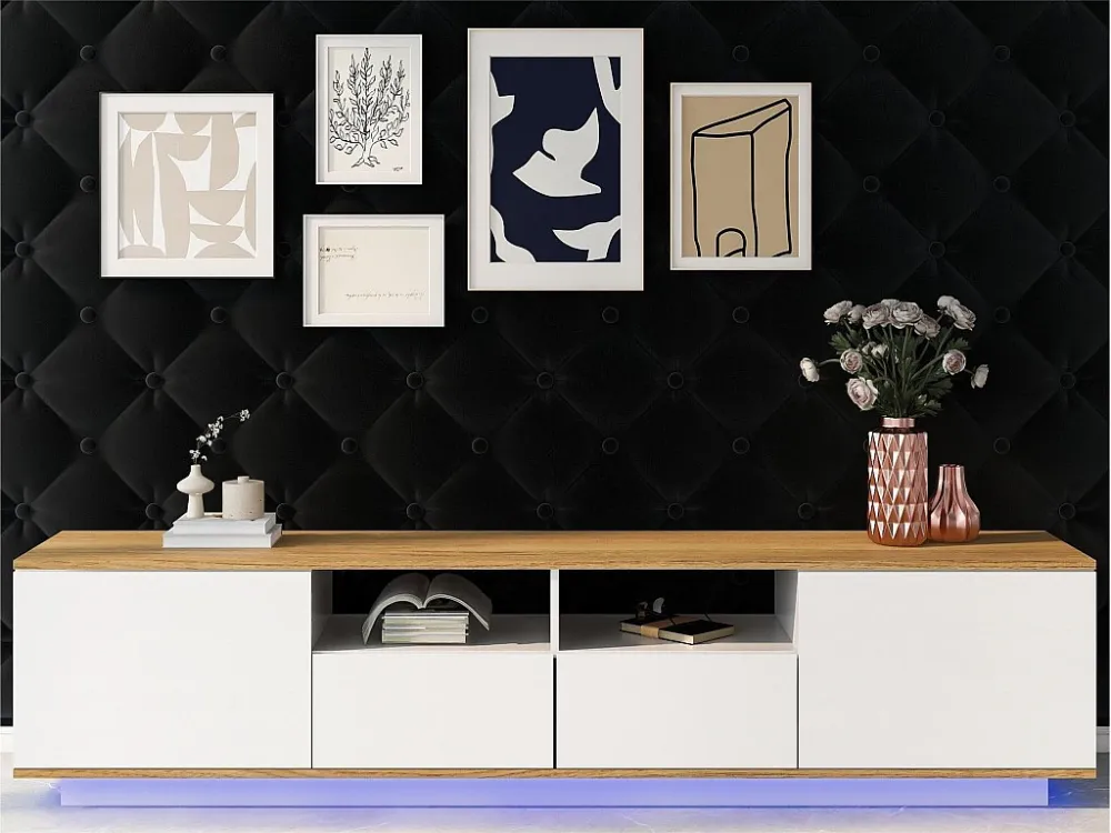 TV-meubel van 180 cm met LED - 2 laden en 2 open planken - eigentijdse Scandinavische stijl - Wit ModernLuxe