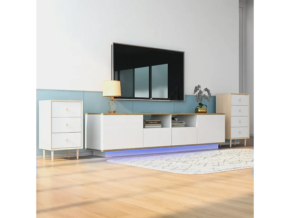 TV-meubel van 180 cm met LED - 2 laden en 2 open planken - eigentijdse Scandinavische stijl - Wit ModernLuxe