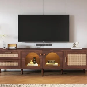 TV-meubel van 180 cm met LED-verlichting - 2 rotan lades en 3 deuren - Bruin ModernLuxe