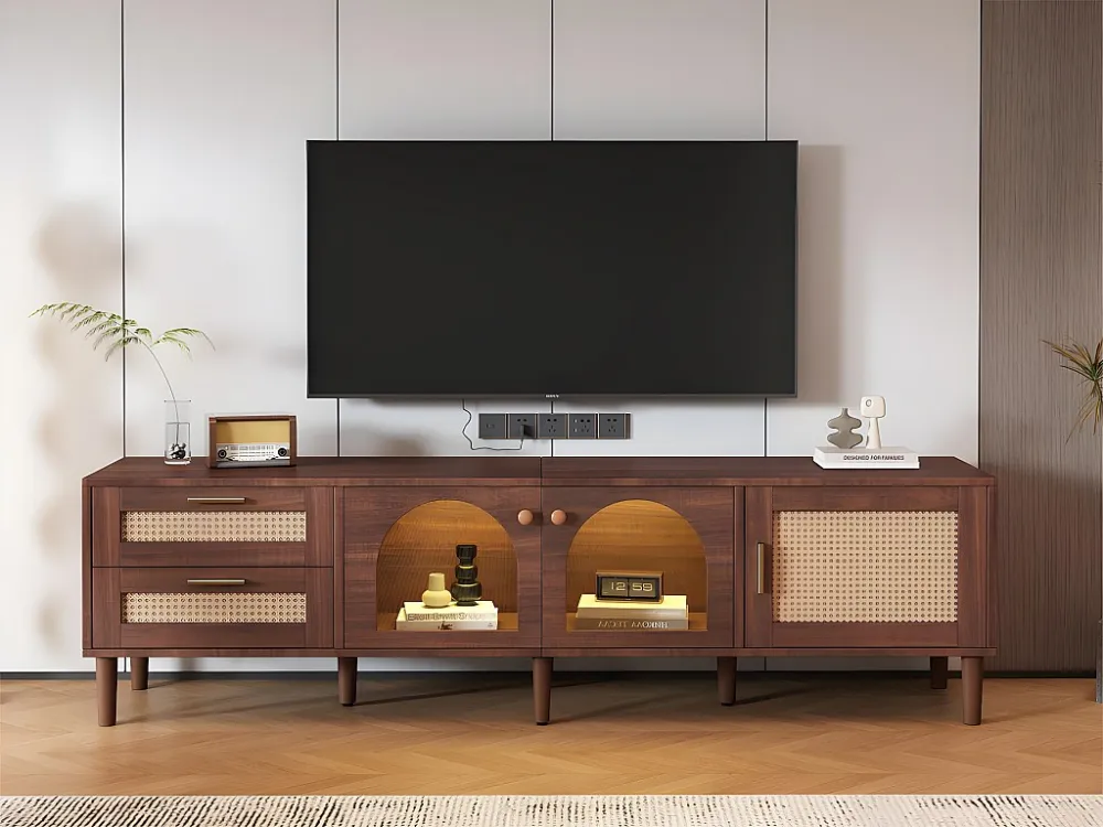 TV-meubel van 180 cm met LED-verlichting - 2 rotan lades en 3 deuren - Bruin ModernLuxe