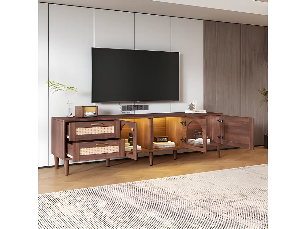 TV-meubel van 180 cm met LED-verlichting - 2 rotan lades en 3 deuren - Bruin ModernLuxe