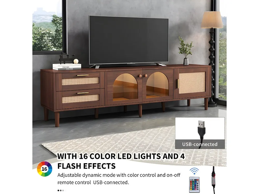 TV-meubel van 180 cm met LED-verlichting - 2 rotan lades en 3 deuren - Bruin ModernLuxe
