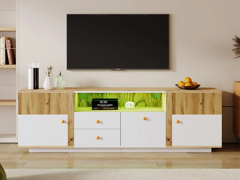TV-meubel van 180 cm met LED-verlichting - 6 scheidingswanden en 2 lades - Naturel ModernLuxe