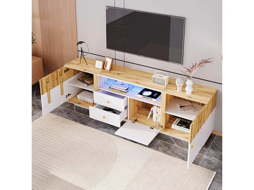 TV-meubel van 180 cm met LED-verlichting - 6 scheidingswanden en 2 lades - Naturel ModernLuxe