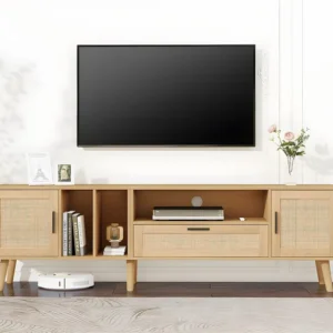 TV-meubel van 180 cm versierd met rotan - 2 deuren en 1 lade - massief houten poten - Naturel ModernLuxe