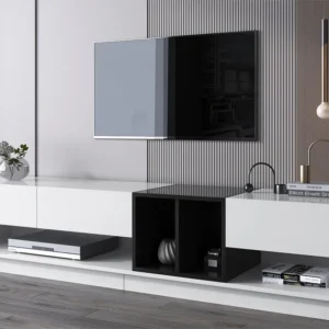 TV-meubel van 190 cm - 3 laden en 2 vakken - glanzend wit en zwart ModernLuxe