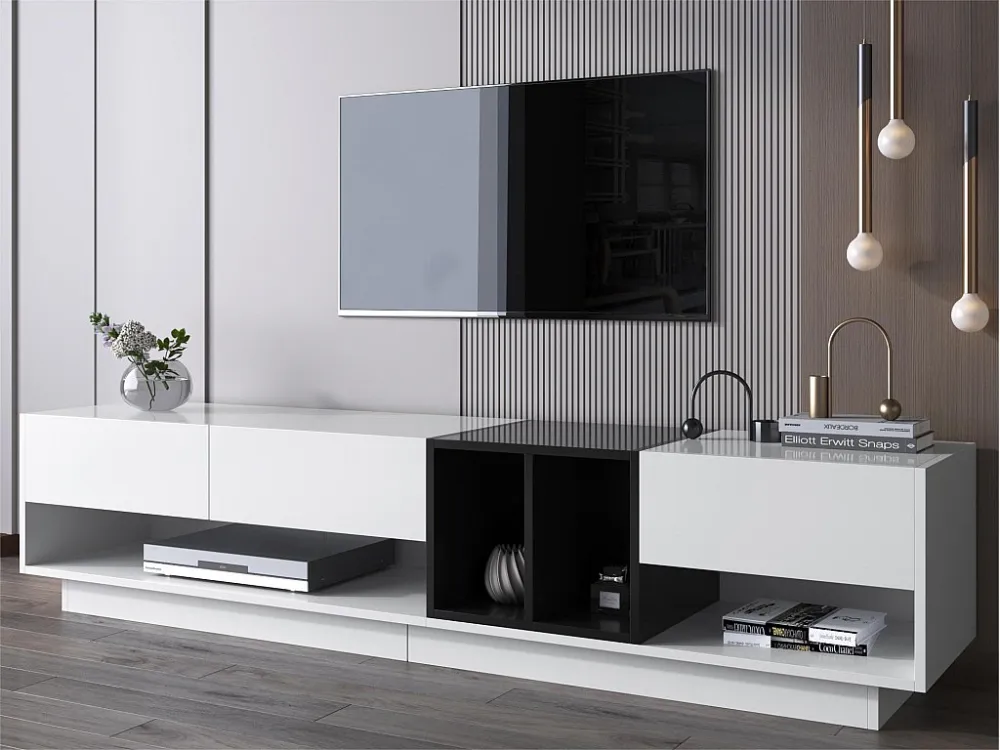 TV-meubel van 190 cm - 3 laden en 2 vakken - glanzend wit en zwart ModernLuxe
