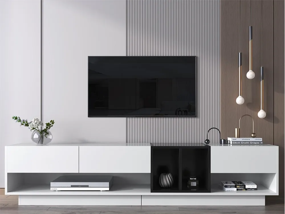 TV-meubel van 190 cm - 3 laden en 2 vakken - glanzend wit en zwart ModernLuxe