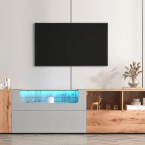 TV-meubel van 190 cm - met LED en glazen displayruimte - landelijke stijl - lichtgrijs en naturel ModernLuxe