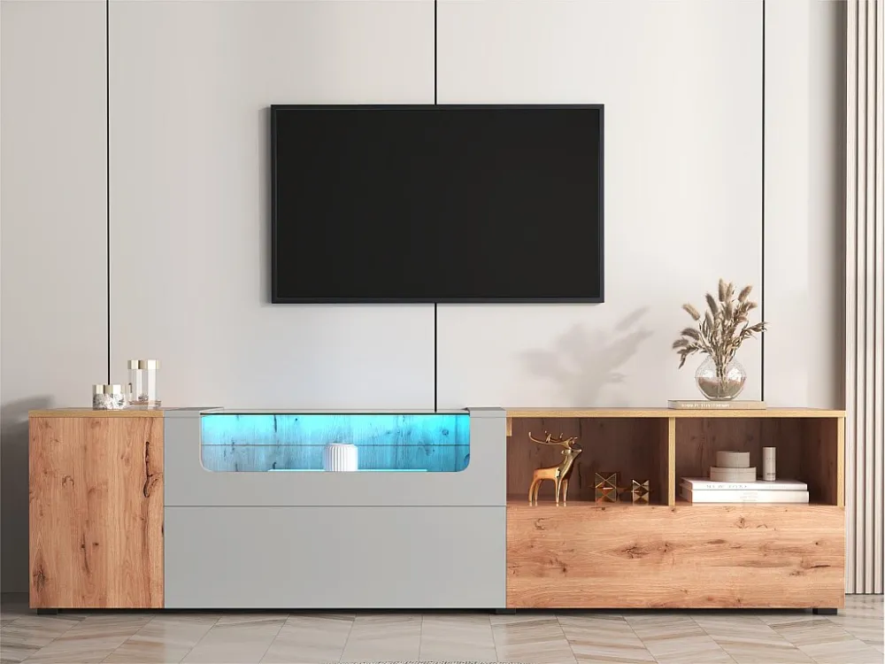 TV-meubel van 190 cm - met LED en glazen displayruimte - landelijke stijl - lichtgrijs en naturel ModernLuxe