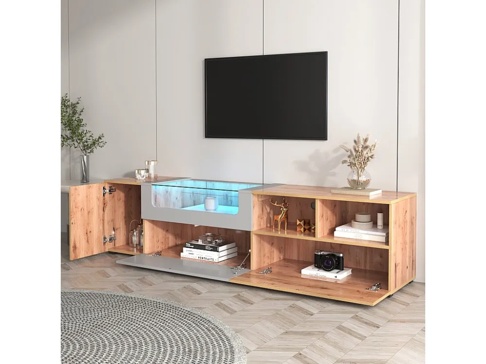 TV-meubel van 190 cm - met LED en glazen displayruimte - landelijke stijl - lichtgrijs en naturel ModernLuxe