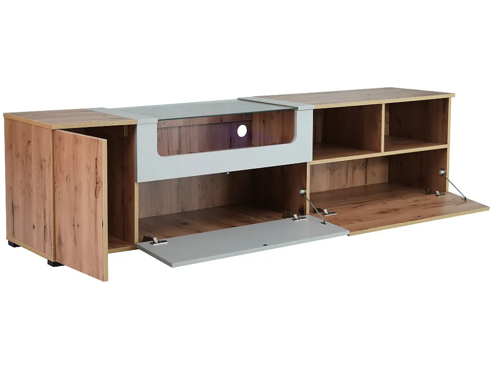 TV-meubel van 190 cm - met LED en glazen displayruimte - landelijke stijl - lichtgrijs en naturel ModernLuxe