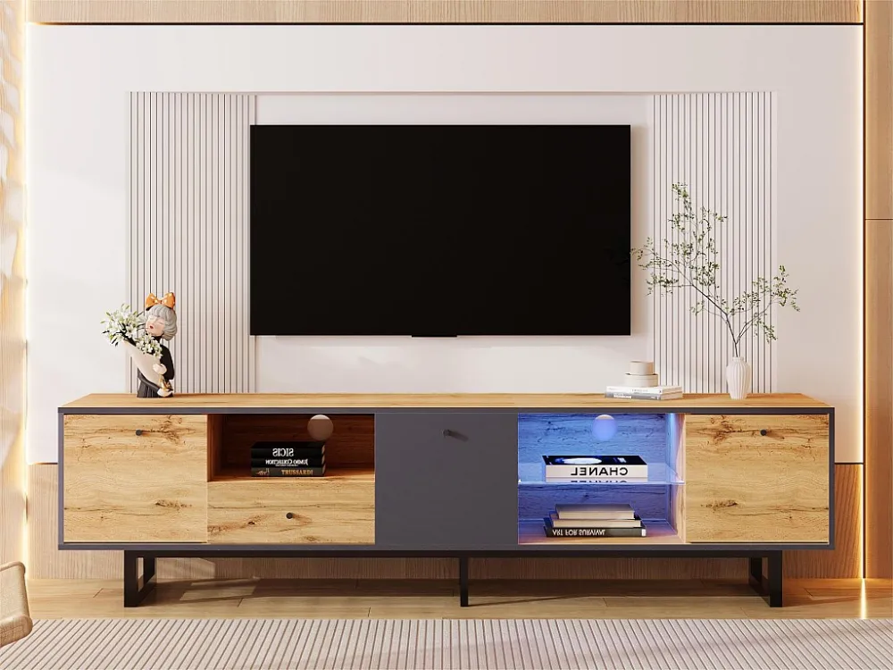 TV-meubel van 190 cm met LED - 6 scheidingswanden en 1 lade - Naturel ModernLuxe