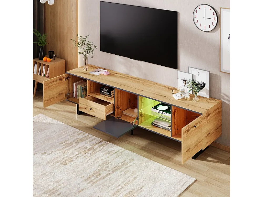 TV-meubel van 190 cm met LED - 6 scheidingswanden en 1 lade - Naturel ModernLuxe