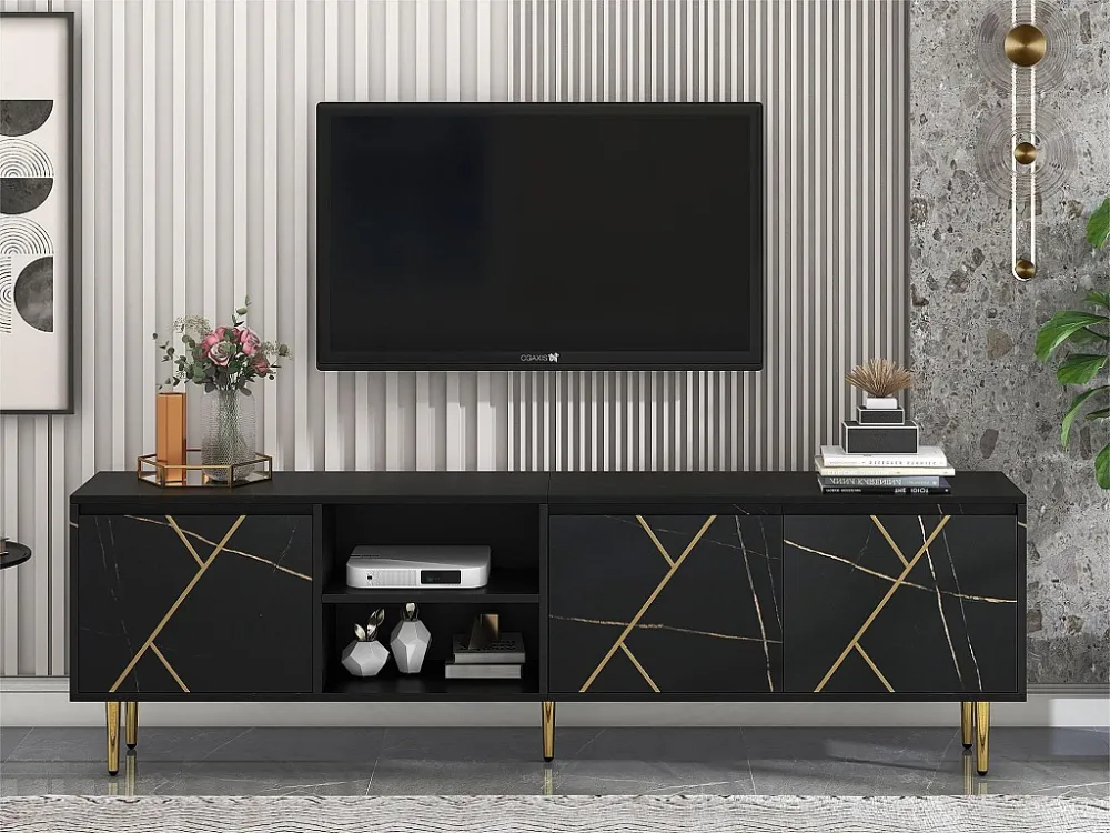 TV-meubel van 200 cm geschikt voor 90" TV - versierd met gouden strepen - Zwart ModernLuxe