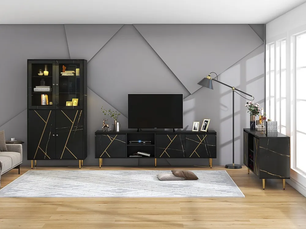 TV-meubel van 200 cm geschikt voor 90" TV - versierd met gouden strepen - Zwart ModernLuxe