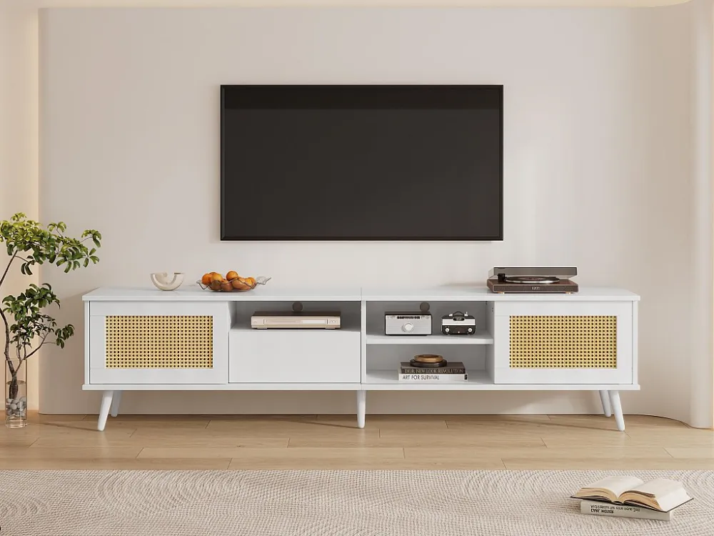 TV-meubel van 200 cm voor 90" TV - 2 rotan deuren en 1 lade en 3 vakken - Wit ModernLuxe