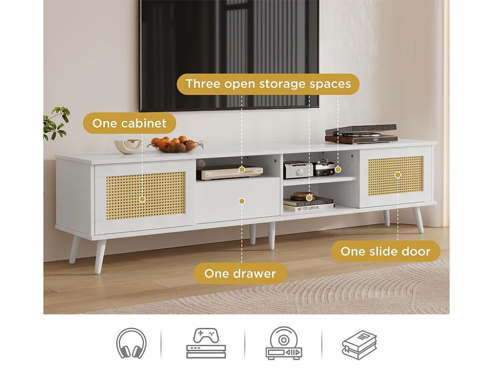 TV-meubel van 200 cm voor 90" TV - 2 rotan deuren en 1 lade en 3 vakken - Wit ModernLuxe