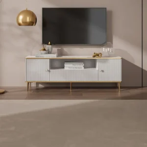 Tv-meubel met 2 deuren, 1 lade en 1 nis van mdf en staal - Wit en goudkleurig - SINEAD PASCAL MORABITO