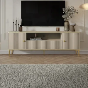 Tv-meubel met 2 deuren, 1 lade en 1 nis van mdf en staal - Beige en goudkleurig - SINEAD PASCAL MORABITO