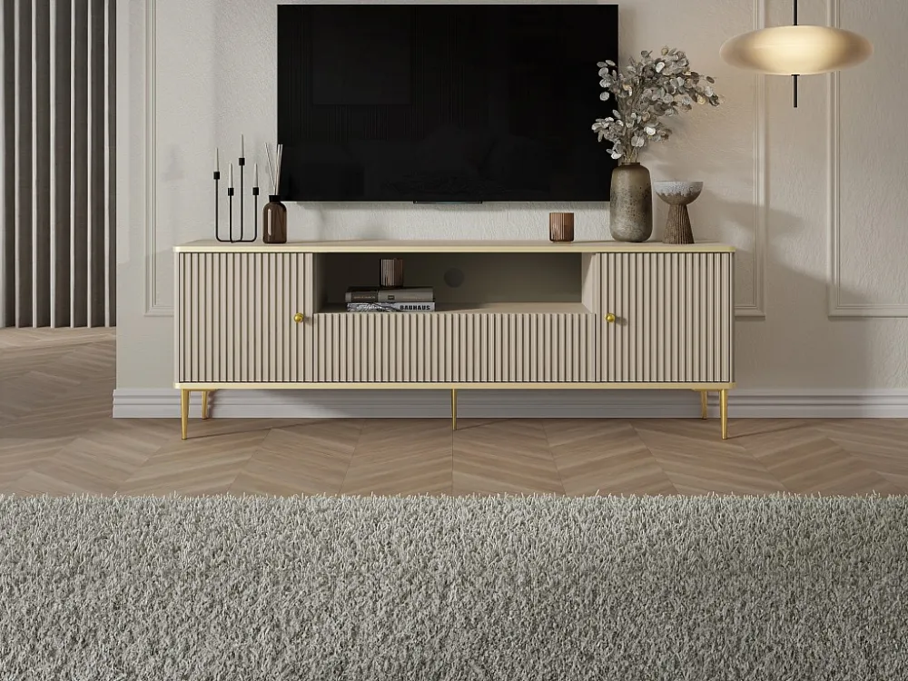 Tv-meubel met 2 deuren, 1 lade en 1 nis van mdf en staal - Beige en goudkleurig - SINEAD PASCAL MORABITO