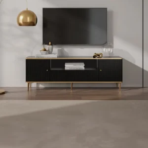 Tv-meubel met 2 deuren, 1 lade en 1 nis van mdf en staal - Zwart en goudkleurig - SINEAD PASCAL MORABITO