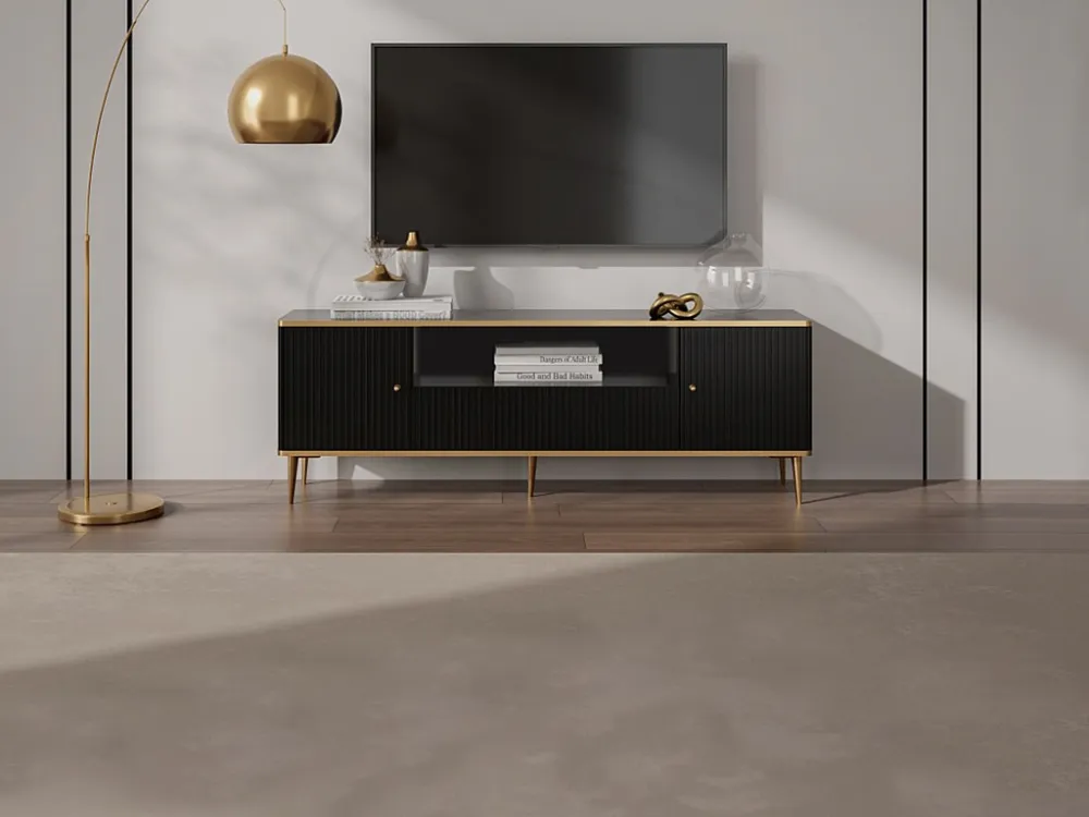Tv-meubel met 2 deuren, 1 lade en 1 nis van mdf en staal - Zwart en goudkleurig - SINEAD PASCAL MORABITO