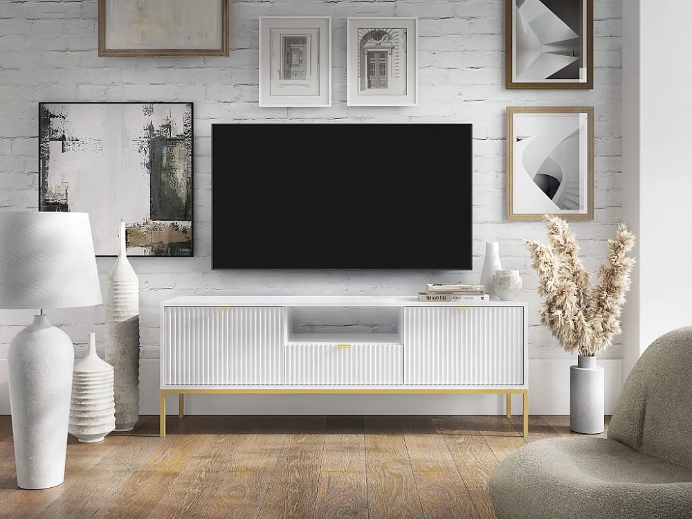 Tv-meubel met 2 deuren, 1 lade en 1 nis - Wit en goudkleurig - LIOUBA PASCAL MORABITO