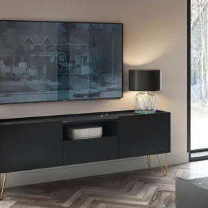 Tv-meubel met 2 deuren, 1 lade en 1 nis - Zwart marmereffect en goudkleurig - PIOLUN PASCAL MORABITO