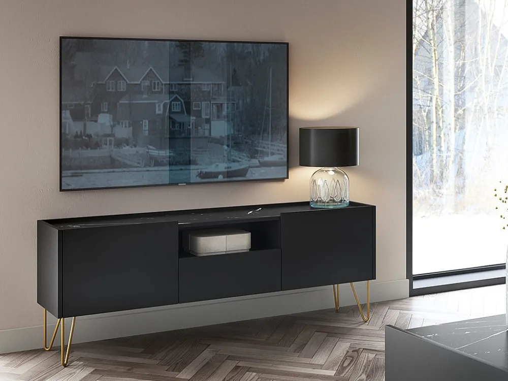 Tv-meubel met 2 deuren, 1 lade en 1 nis - Zwart marmereffect en goudkleurig - PIOLUN PASCAL MORABITO