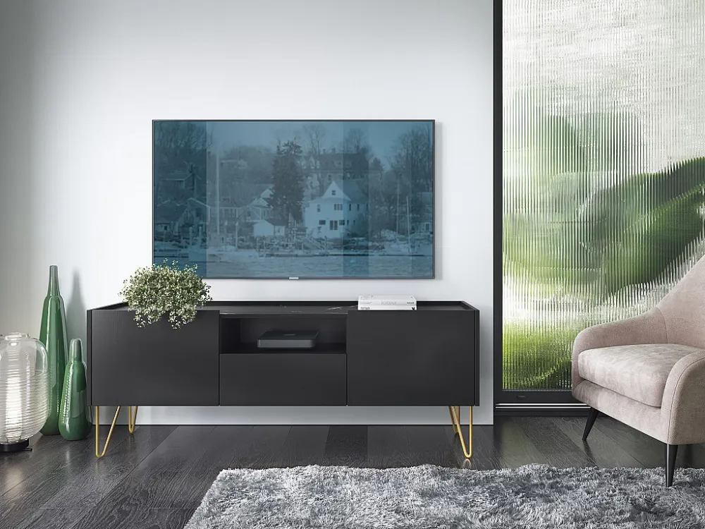Tv-meubel met 2 deuren, 1 lade en 1 nis - Zwart marmereffect en goudkleurig - PIOLUN PASCAL MORABITO