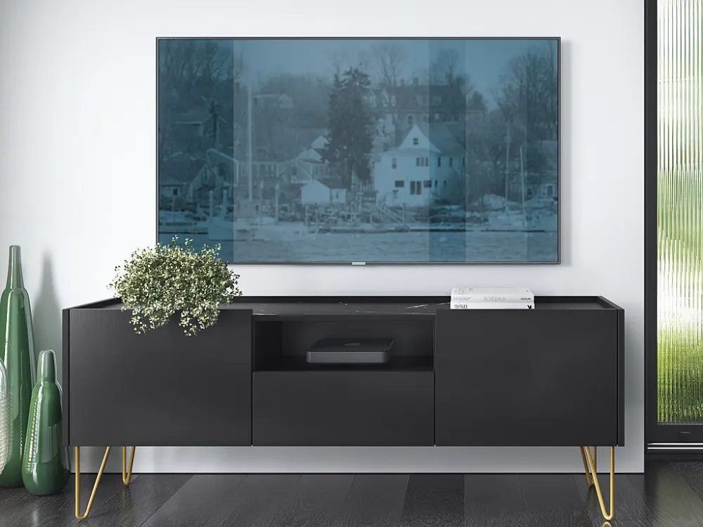 Tv-meubel met 2 deuren, 1 lade en 1 nis - Zwart marmereffect en goudkleurig - PIOLUN PASCAL MORABITO