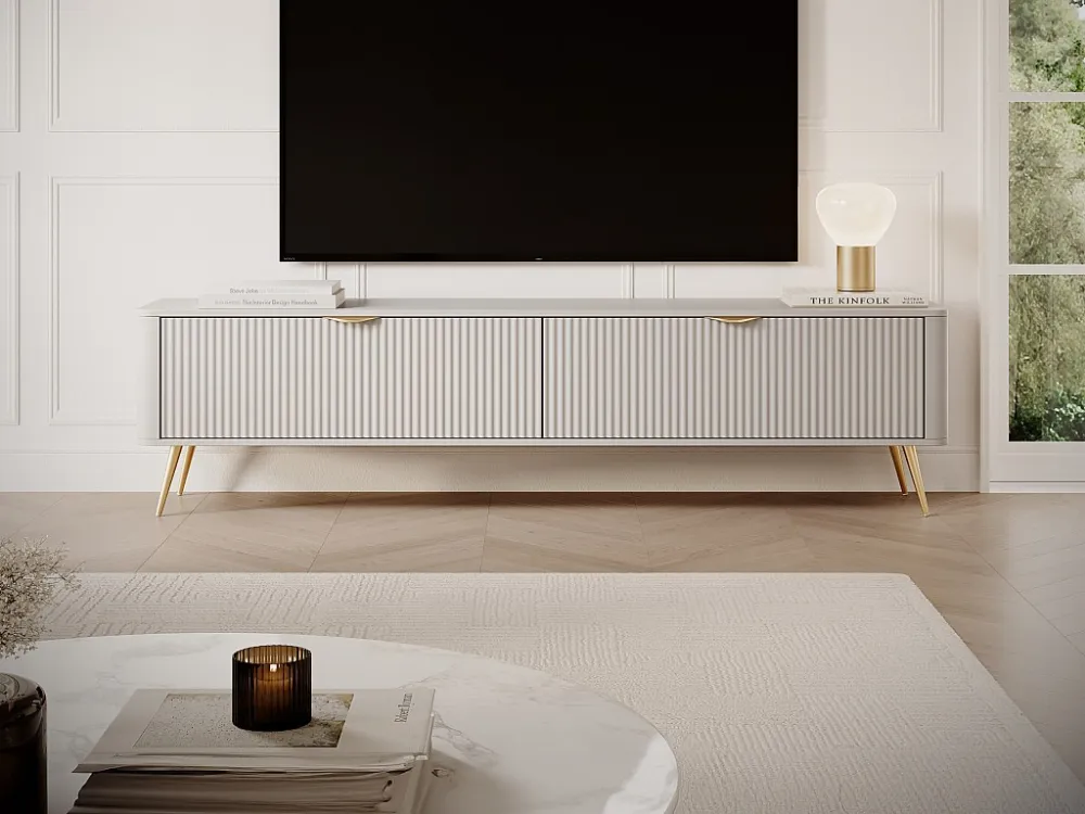 Tv-meubel met 2 deurtjes van mdf - Beige en goudkleurig - ELONARIA van Pascal Morabito