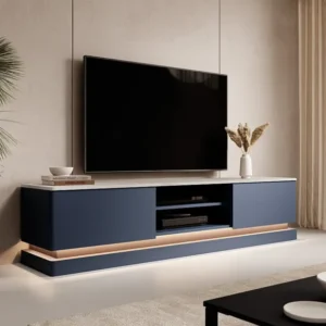 Tv-meubel met lades en nissen - ledverlichting van mdf - Blauw + wit marmereffect - DEVIKA PASCAL MORABITO
