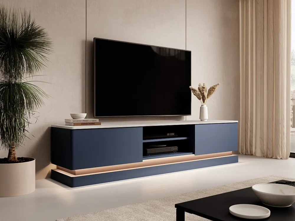 Tv-meubel met lades en nissen - ledverlichting van mdf - Blauw + wit marmereffect - DEVIKA PASCAL MORABITO