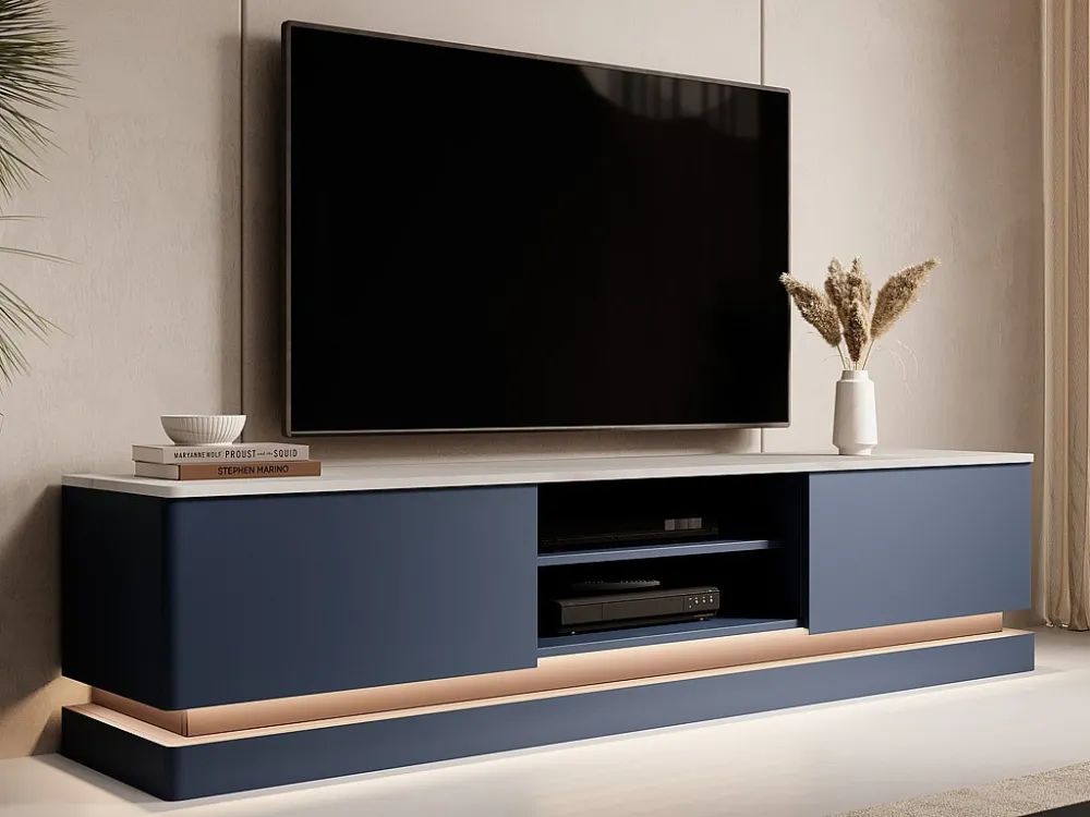 Tv-meubel met lades en nissen - ledverlichting van mdf - Blauw + wit marmereffect - DEVIKA PASCAL MORABITO