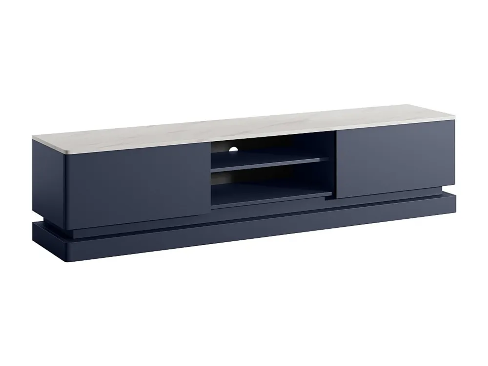 Tv-meubel met lades en nissen - ledverlichting van mdf - Blauw + wit marmereffect - DEVIKA PASCAL MORABITO
