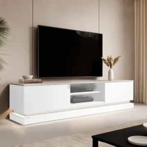 Tv-meubel met 2 lades en 2 nissen met ledverlichting - Glanzend wit met marmereffect - DEVIKA PASCAL MORABITO