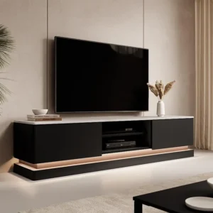 Tv-meubel met 2 lades en 2 nissen met ledverlichting van mdf - Zwart met wit marmereffect - DEVIKA PASCAL MORABITO