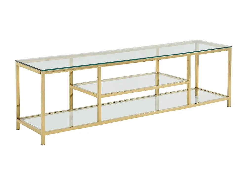 Tv-meubel met 2 planken van gehard glas en roestvrij staal - Transparant en goudkleurig - RIMALI van Pascal Morabito