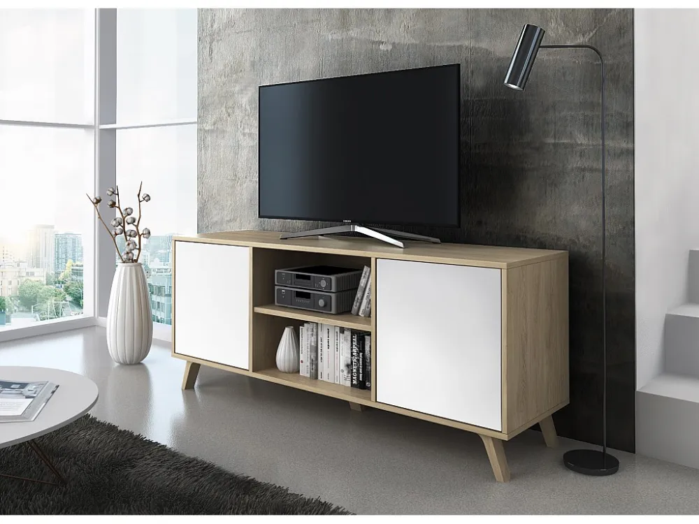 Televisiemeubels, Windmodel, 137x40x57cm, Eetkamer, Eik en wit, Moderne stijl Skraut Home