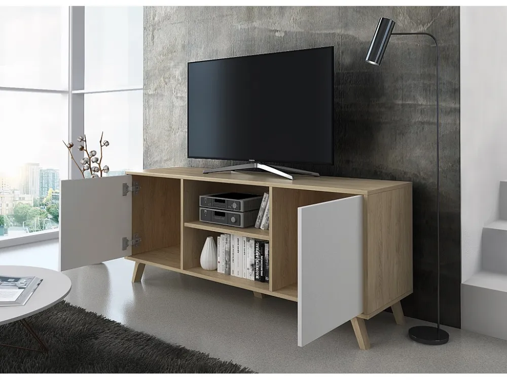 Televisiemeubels, Windmodel, 137x40x57cm, Eetkamer, Eik en wit, Moderne stijl Skraut Home