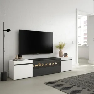 TV-Meubel, Lowboard, 200x45x35cm, Voor tv's tot 80", Elektrische haard, Wit en Zwart Skraut Home
