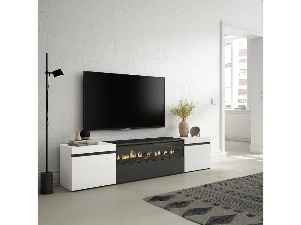 TV-Meubel, Lowboard, 200x45x35cm, Voor tv's tot 80", Elektrische haard, Wit en Zwart Skraut Home