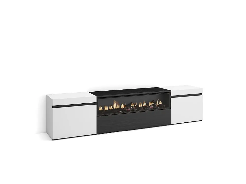 TV-Meubel, Lowboard, 200x45x35cm, Voor tv's tot 80", Elektrische haard, Wit en Zwart Skraut Home