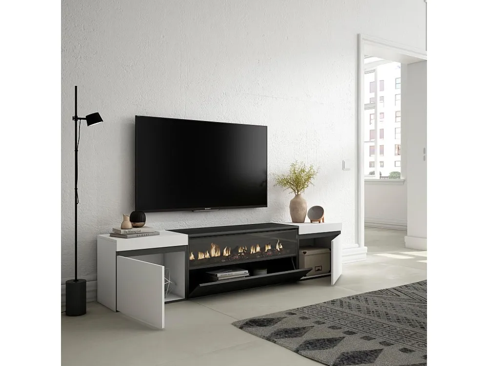 TV-Meubel, Lowboard, 200x45x35cm, Voor tv's tot 80", Elektrische haard, Wit en Zwart Skraut Home