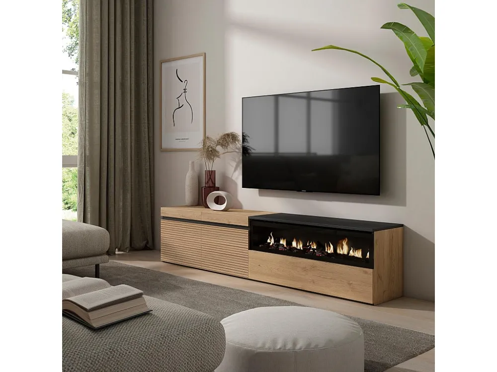 TV-Meubel, Lowboard, 200x45x35cm, Voor tv's tot 80", Elektrische haard, Eiken Skraut Home