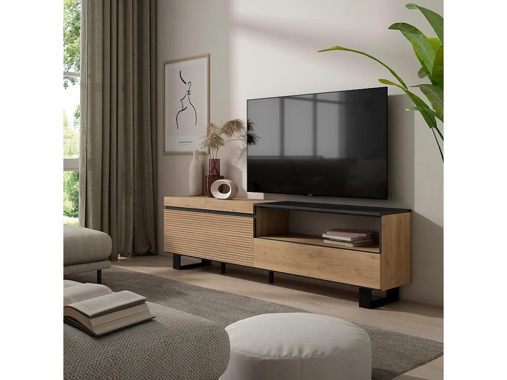 TV-Meubel, Lowboard, 200x57x35cm, Voor tv's tot 80", Industrieel design, Eiken Skraut Home