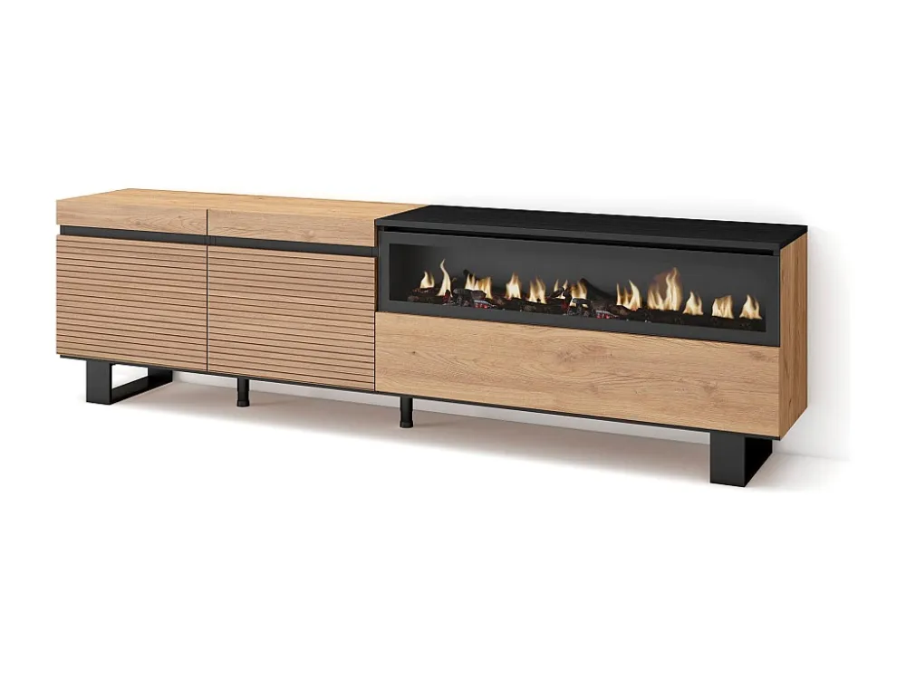 TV-Meubel, Lowboard, 200x57x35cm, Voor tv's tot 80", Elektrische haard, Industrieel design, Eiken Skraut Home