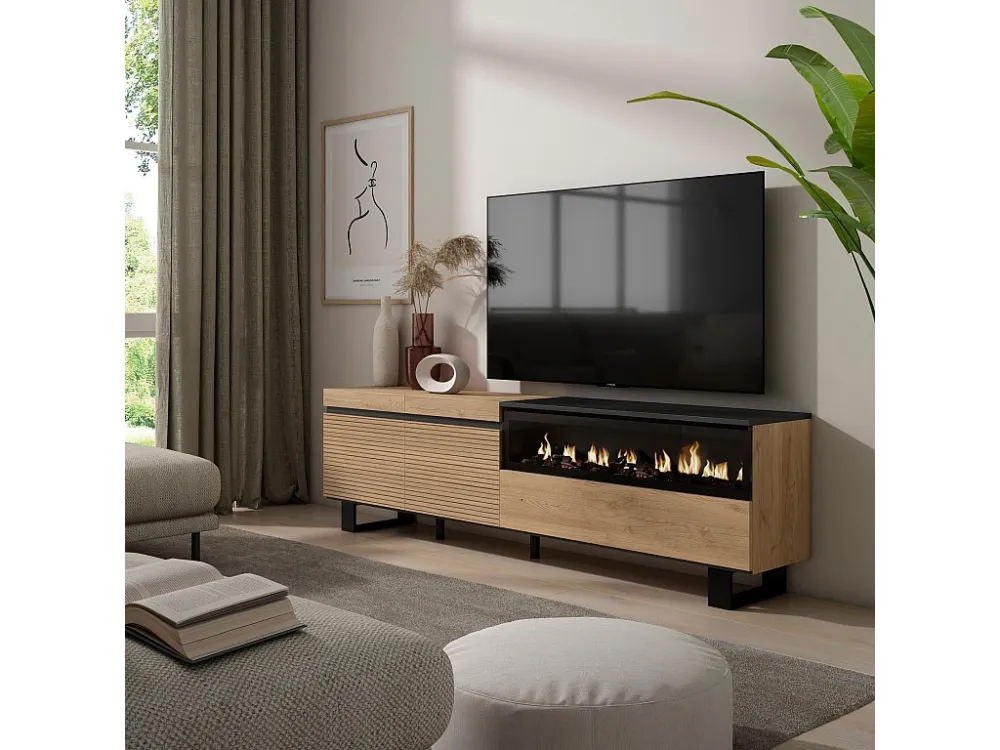 TV-Meubel, Lowboard, 200x57x35cm, Voor tv's tot 80", Elektrische haard, Industrieel design, Eiken Skraut Home